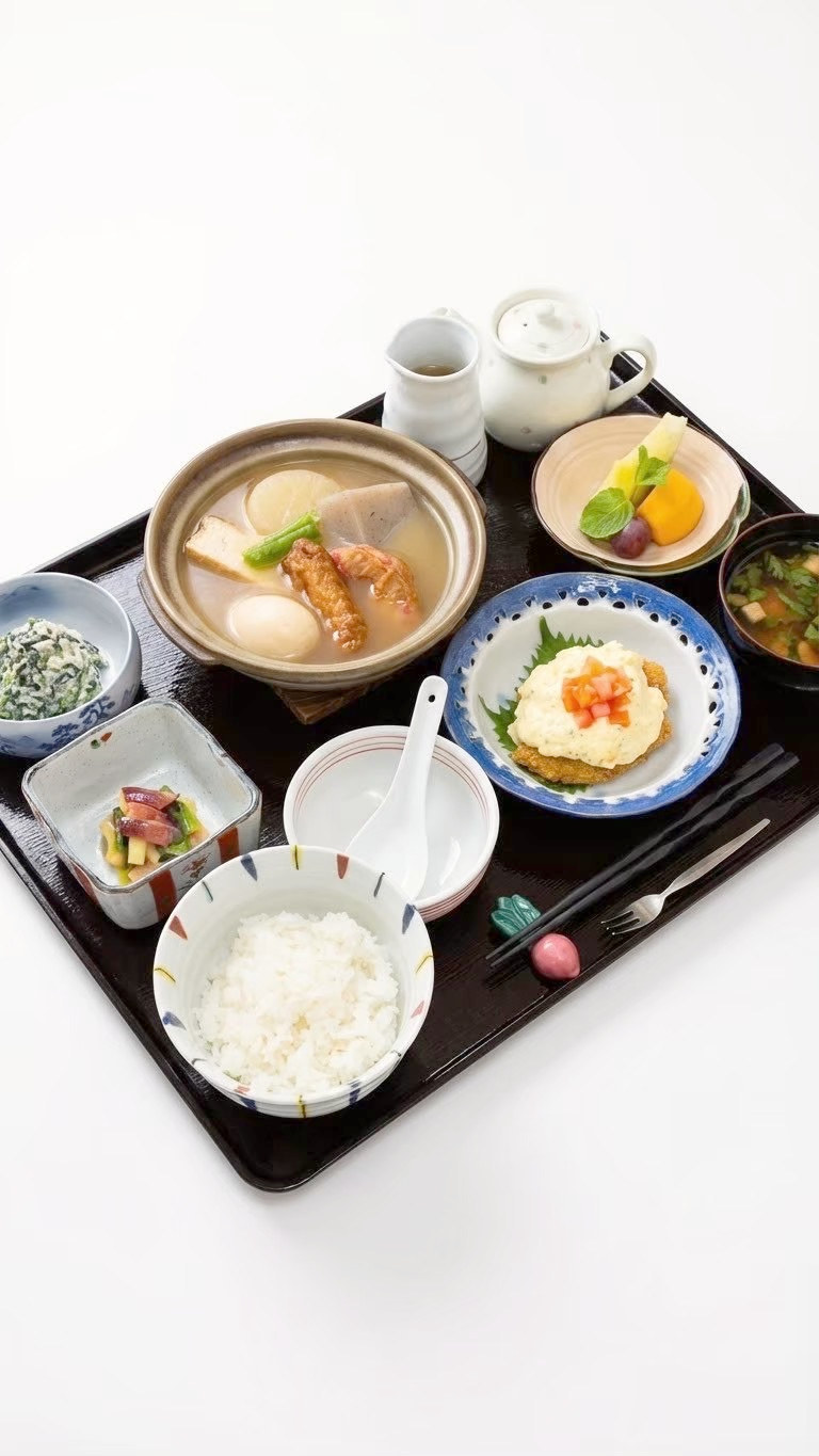 温かい鍋物と白米を中心にした和食の献立