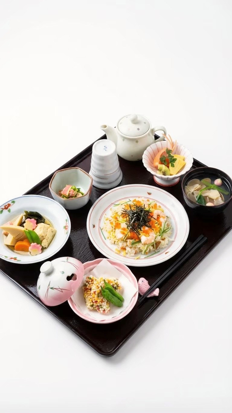 ちらし寿司と筍の煮物を添えた和食の献立
