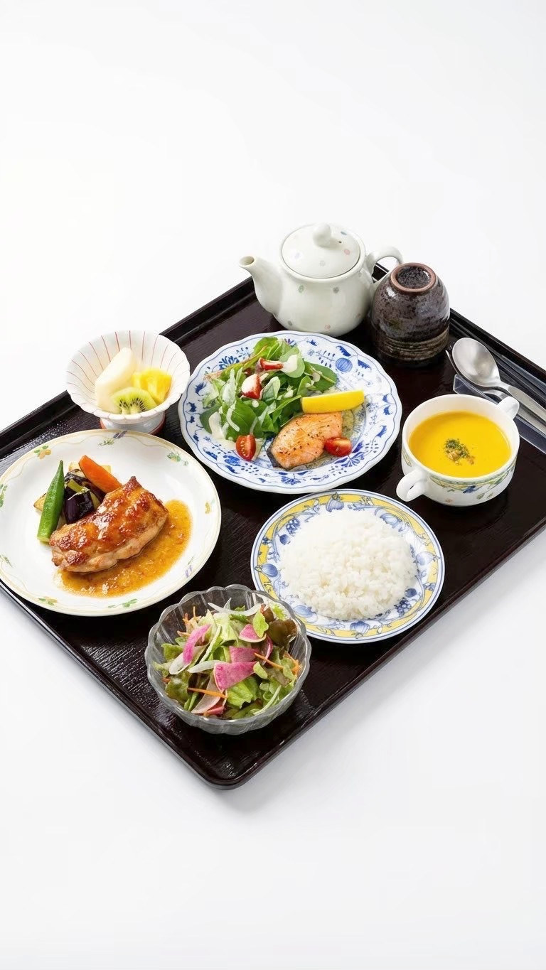 そばと巻き寿司を組み合わせた和食の献立