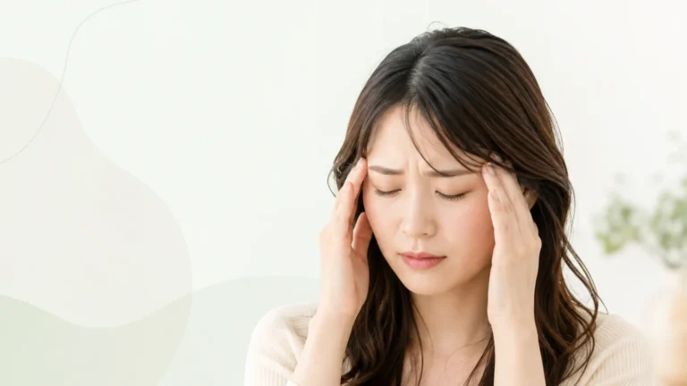 PMSによる頭痛やだるさでこめかみを押さえる女性のイメージ