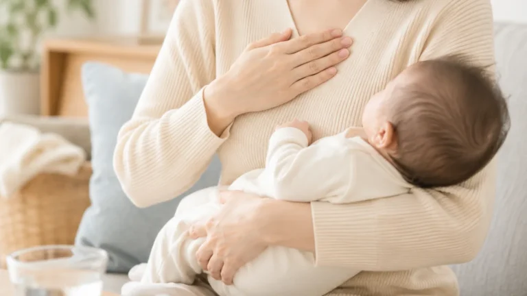 授乳中に胸の痛みを感じている女性のイメージ