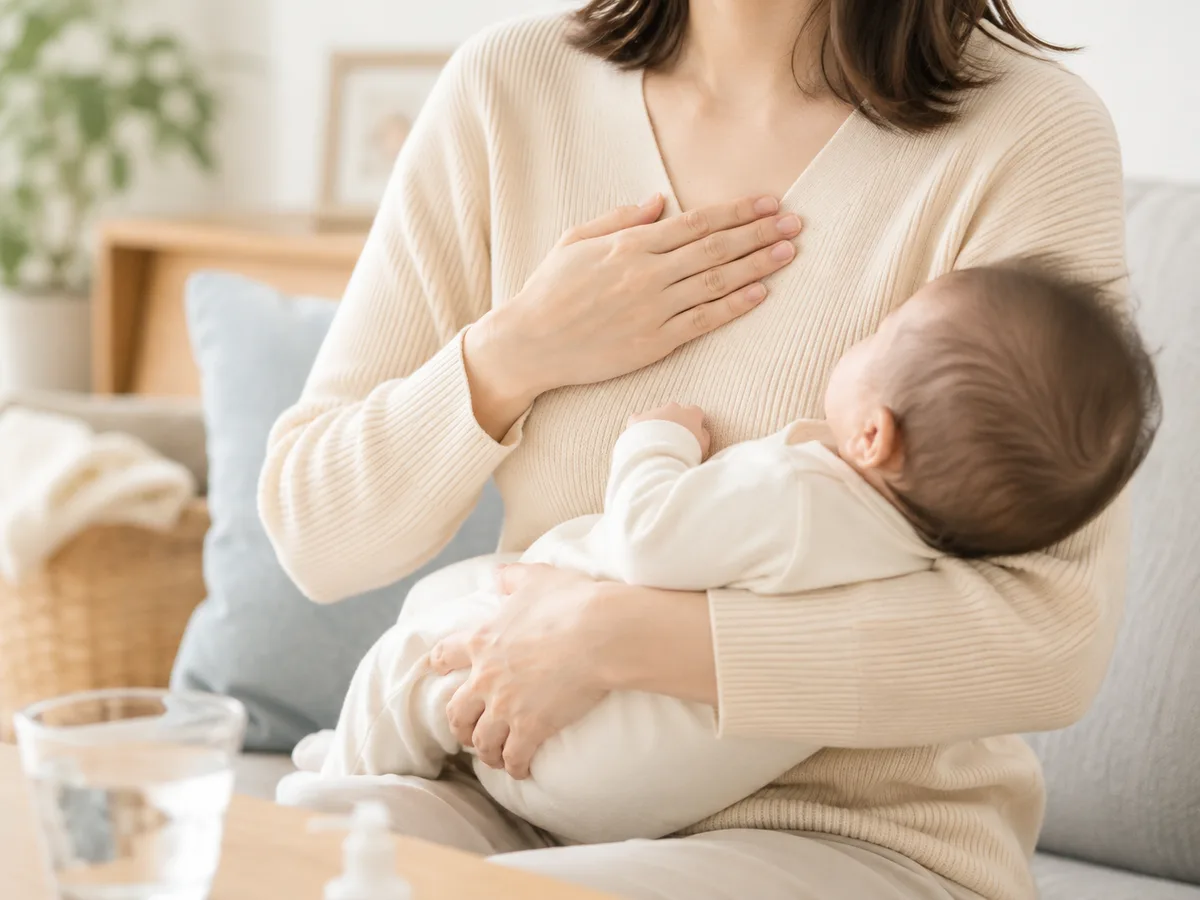 授乳中に胸の痛みを感じている女性のイメージ