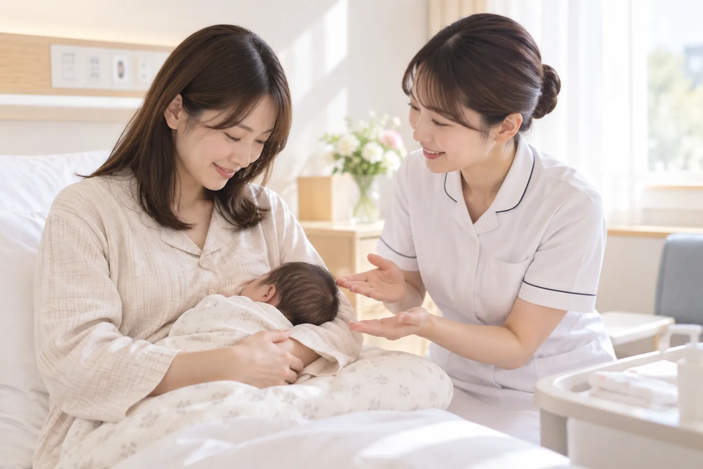 産後ケア入院で助産師から授乳のアドバイスを受ける母親のイメージ