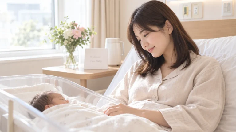 産後ケア入院で休養しながら赤ちゃんと過ごす母親のイメージ