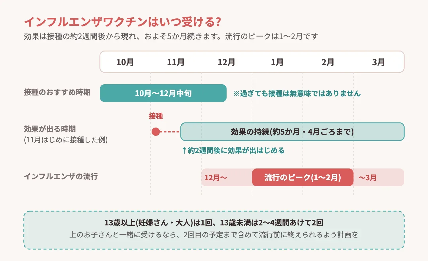 インフルエンザワクチンの接種時期と効果の持続期間を示すカレンダー図解