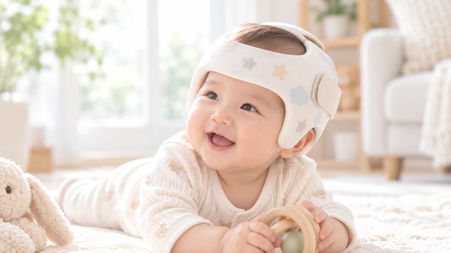 ヘルメット治療中の赤ちゃんが普段どおり過ごす様子のイメージ