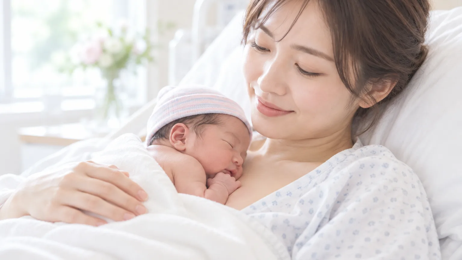 無痛分娩で出産した後に赤ちゃんを抱く母親のイメージ